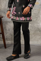Black Embroidered Silk Men Kurta Pajama
