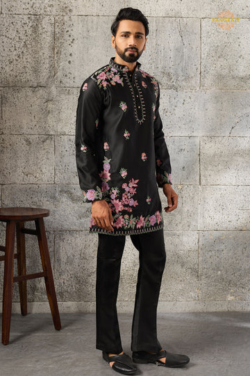 Black Embroidered Silk Men Kurta Pajama
