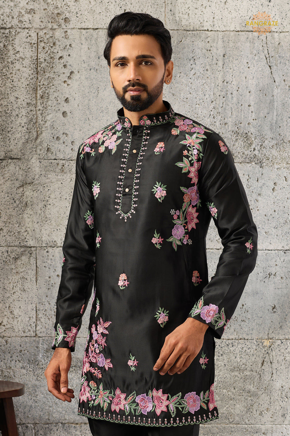 Black Embroidered Silk Men Kurta Pajama