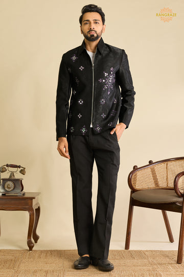 Black Embroidered Velvet Men Jacket and Pant Set with Mirror Work