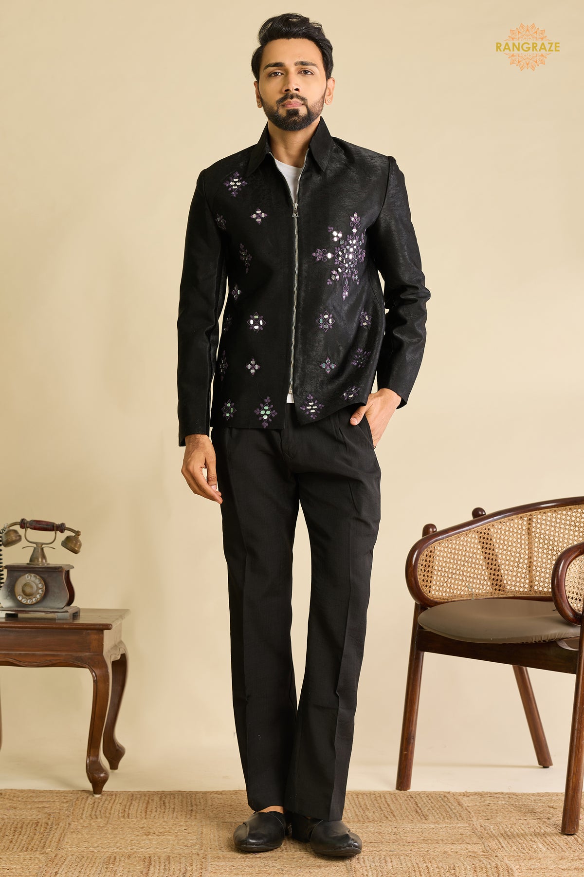 Black Embroidered Velvet Men Jacket and Pant Set with Mirror Work