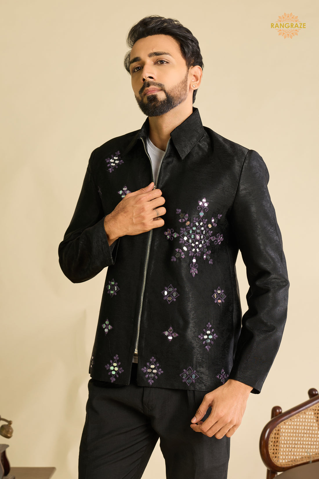 Black Embroidered Velvet Men Jacket and Pant Set with Mirror Work