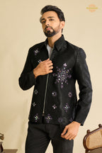 Black Embroidered Velvet Men Jacket and Pant Set with Mirror Work