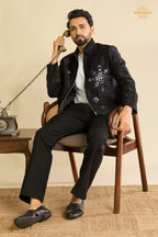 Black Embroidered Velvet Men Jacket and Pant Set with Mirror Work
