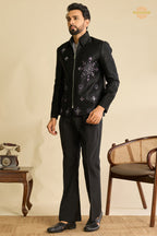 Black Embroidered Velvet Men Jacket and Pant Set with Mirror Work