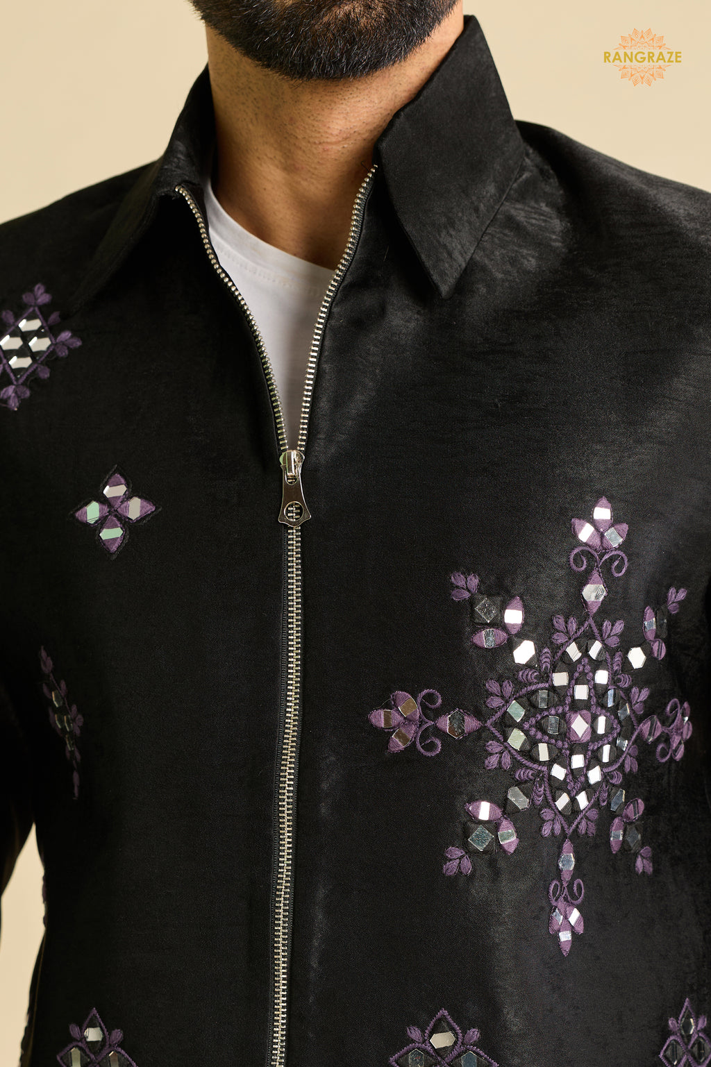 Black Embroidered Velvet Men Jacket and Pant Set with Mirror Work
