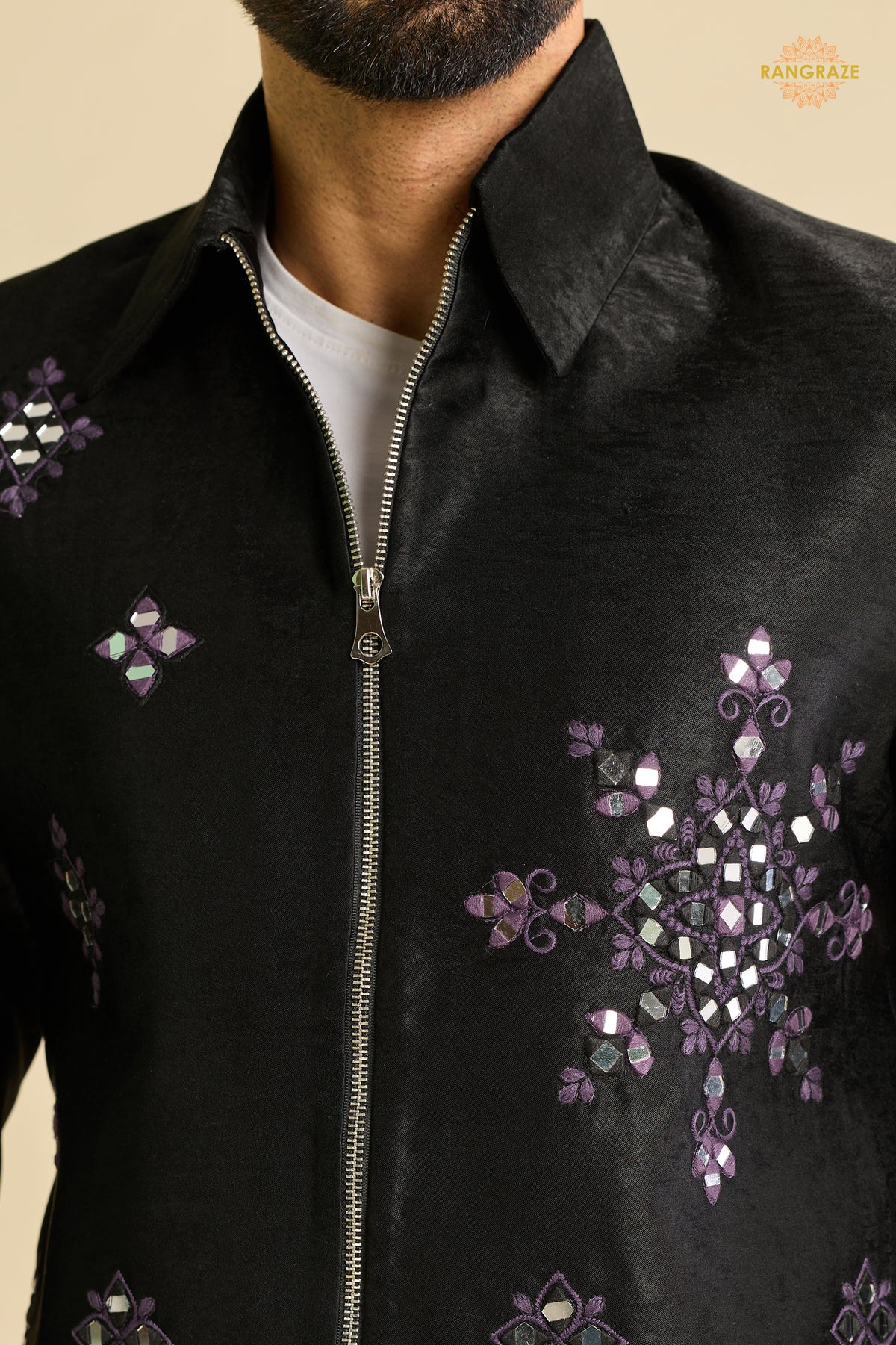 Black Embroidered Velvet Men Jacket and Pant Set with Mirror Work