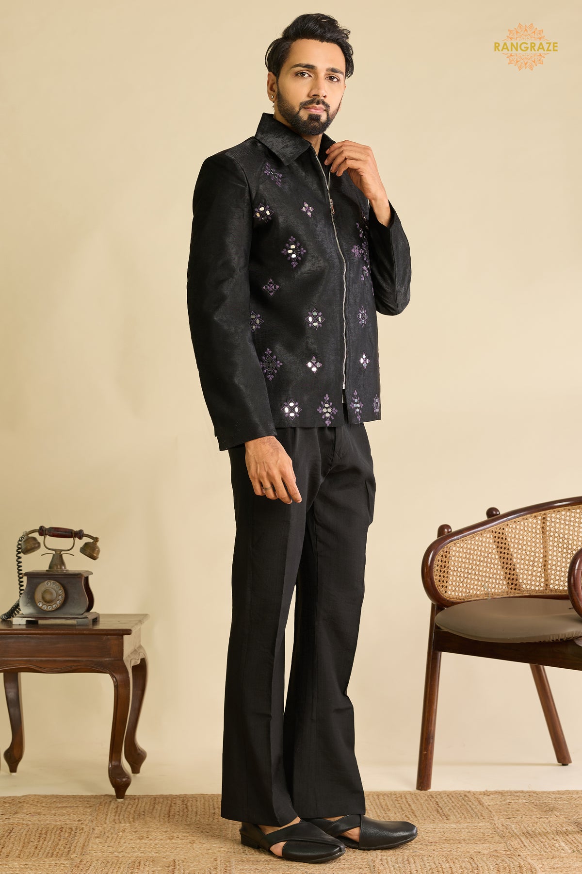 Black Embroidered Velvet Men Jacket and Pant Set with Mirror Work