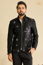 Black Embroidered Velvet Men Jacket and Pant Set with Mirror Work