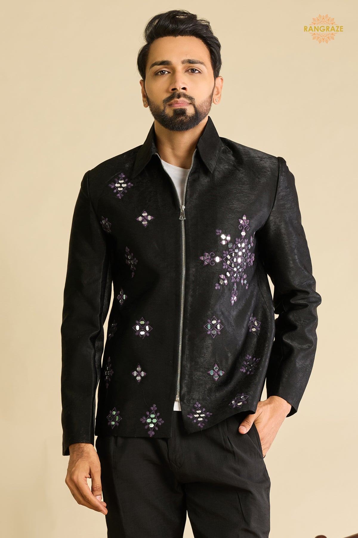 Black Embroidered Velvet Men Jacket and Pant Set with Mirror Work