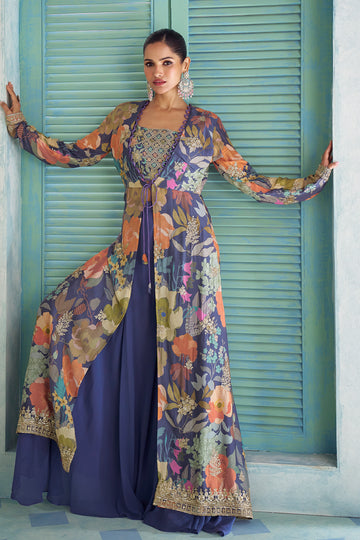 Blue Stitched Embroidered Chinon Palazzo Set With Digital Print Jacket
