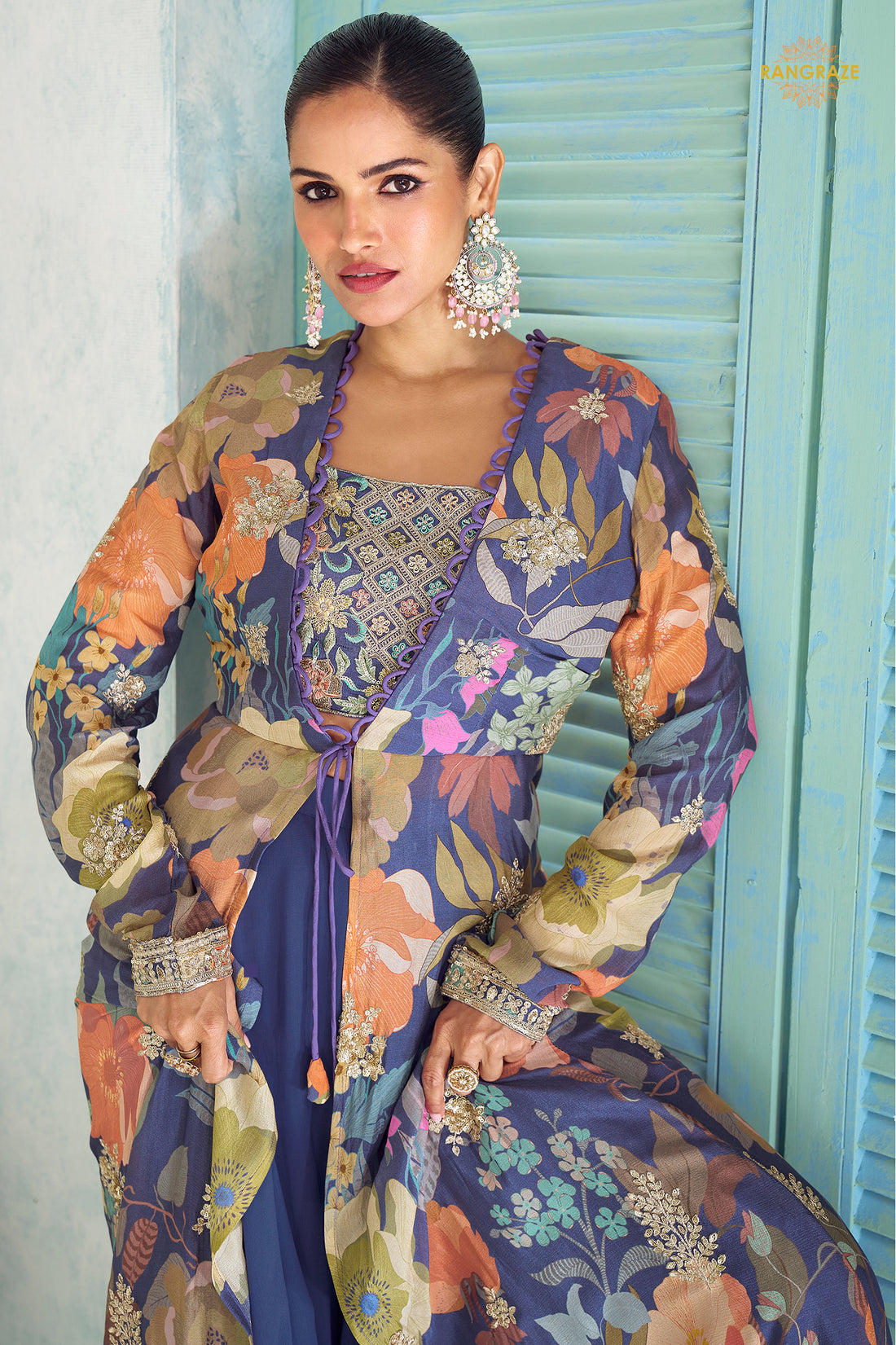 Blue Stitched Embroidered Chinon Palazzo Set With Digital Print Jacket