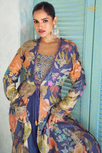 Blue Stitched Embroidered Chinon Palazzo Set With Digital Print Jacket