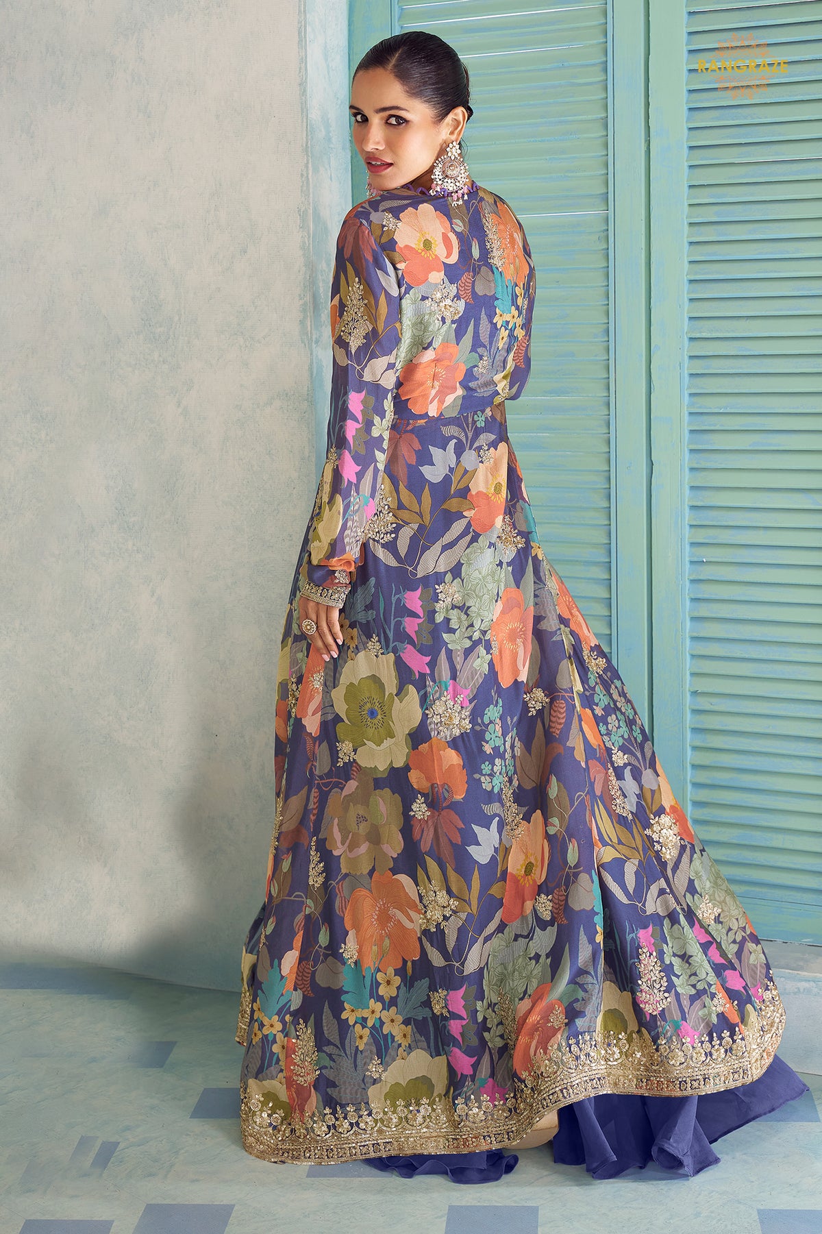 Blue Stitched Embroidered Chinon Palazzo Set With Digital Print Jacket