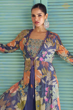 Blue Stitched Embroidered Chinon Palazzo Set With Digital Print Jacket