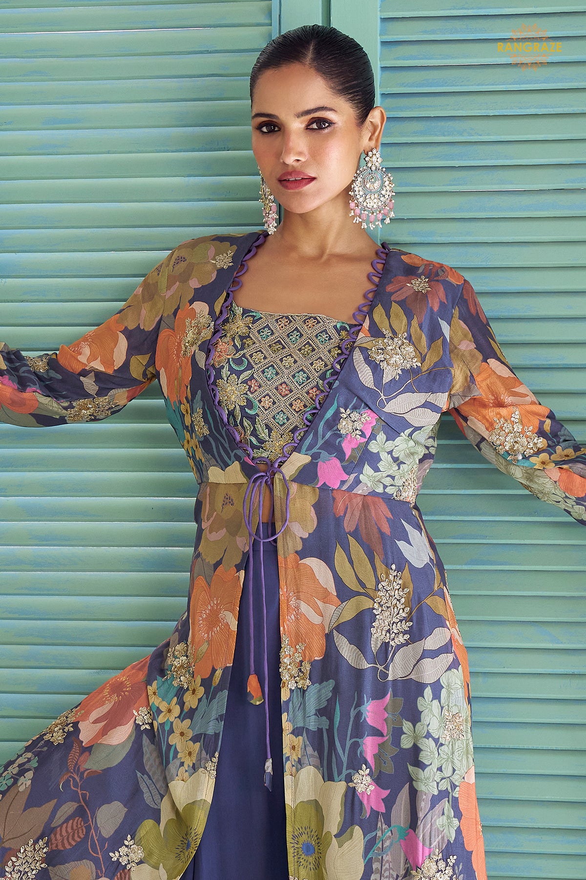 Blue Stitched Embroidered Chinon Palazzo Set With Digital Print Jacket
