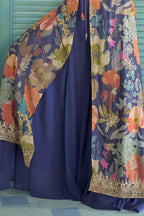 Blue Stitched Embroidered Chinon Palazzo Set With Digital Print Jacket