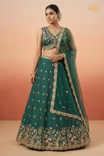 Bottle Green Embroidered Semi-Stitched Chinnon Lehenga Set