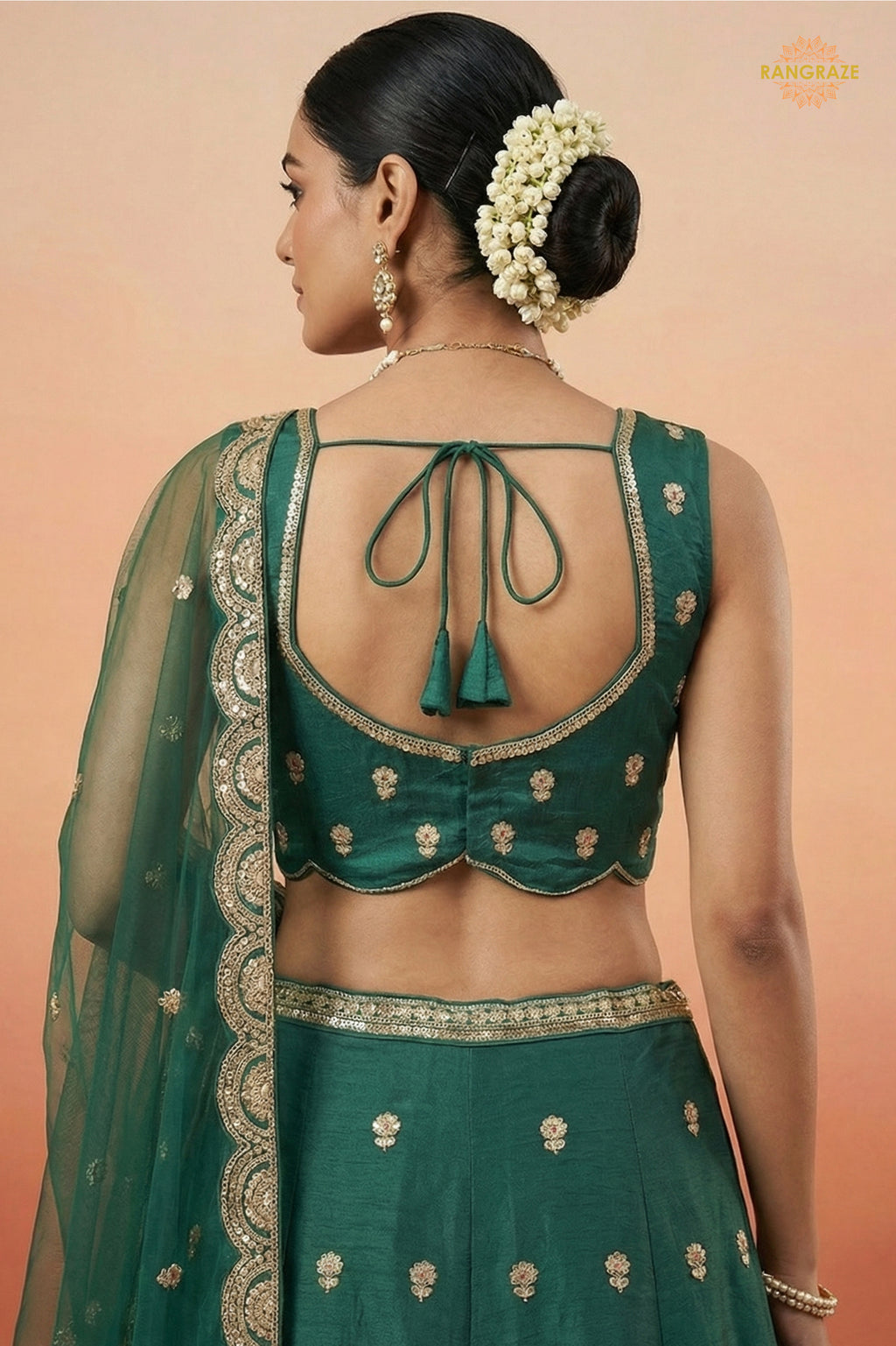 Bottle Green Embroidered Semi-Stitched Chinnon Lehenga Set