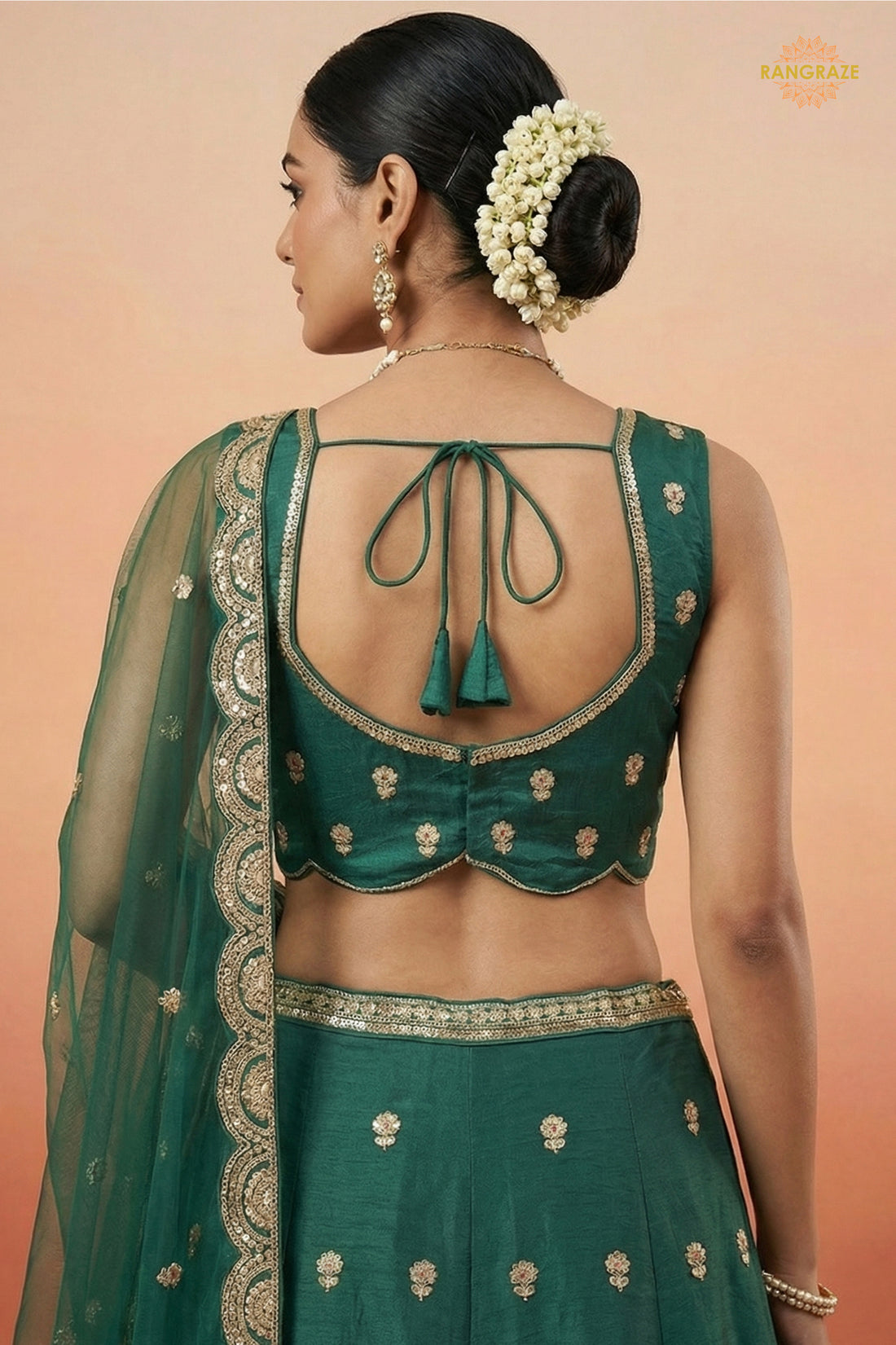 Bottle Green Embroidered Semi-Stitched Chinnon Lehenga Set