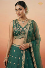 Bottle Green Embroidered Semi-Stitched Chinnon Lehenga Set