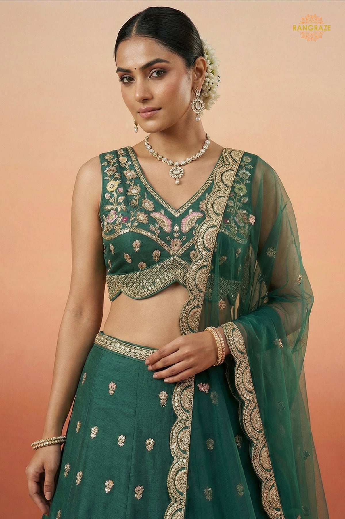 Bottle Green Embroidered Semi-Stitched Chinnon Lehenga Set