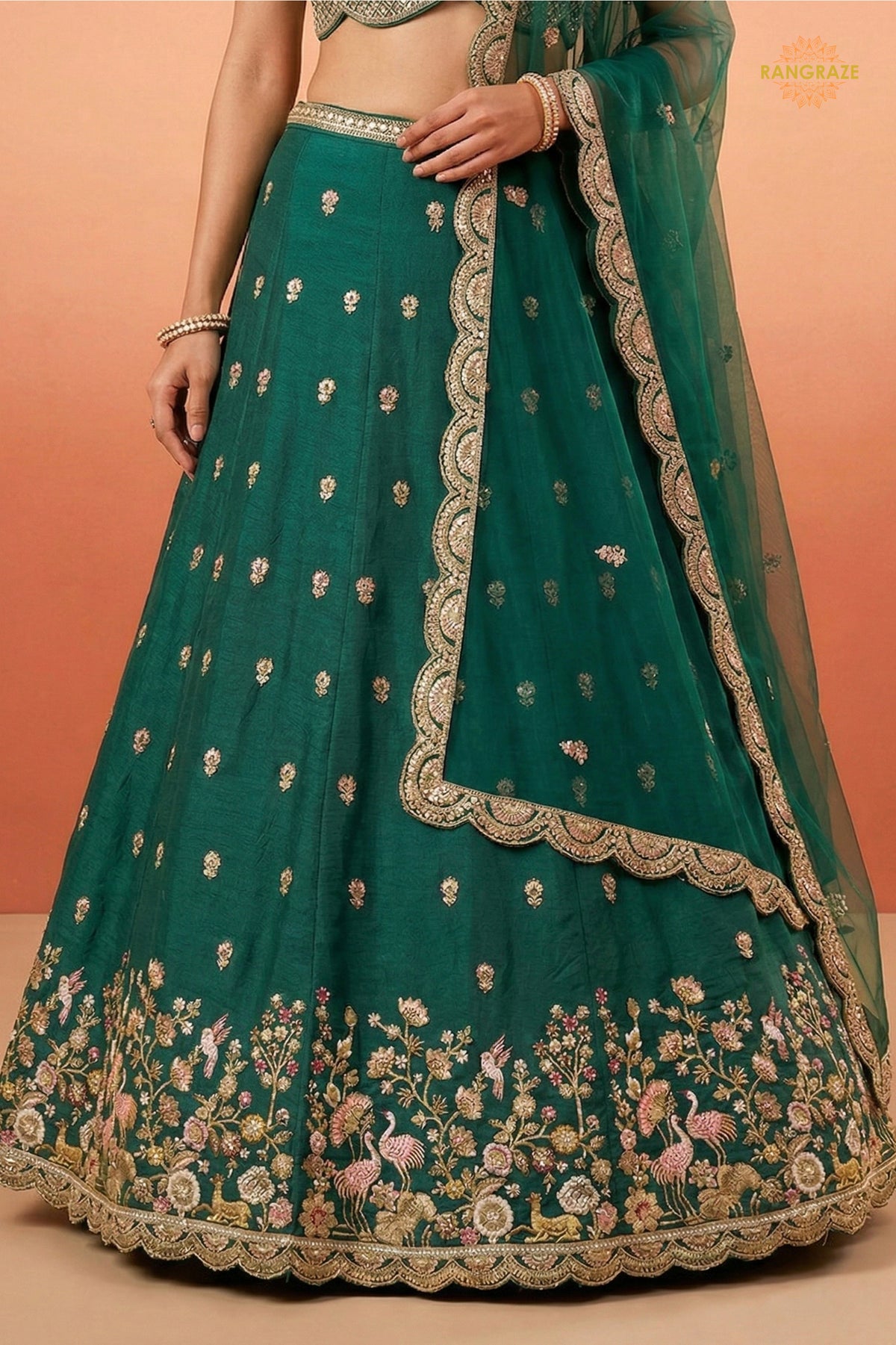 Bottle Green Embroidered Semi-Stitched Chinnon Lehenga Set