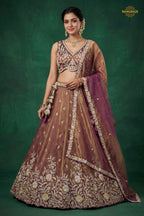 Bronze Purple Embroidered Semi-Stitched Tissue Lehenga Set