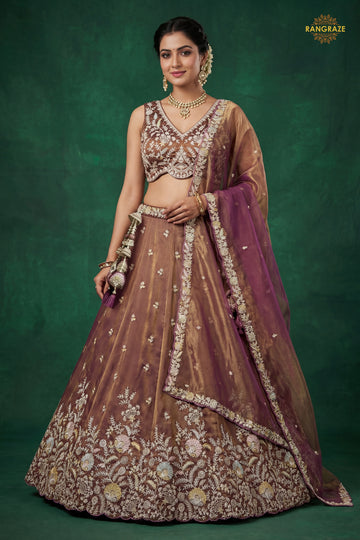 Bronze Purple Embroidered Semi-Stitched Tissue Lehenga Set