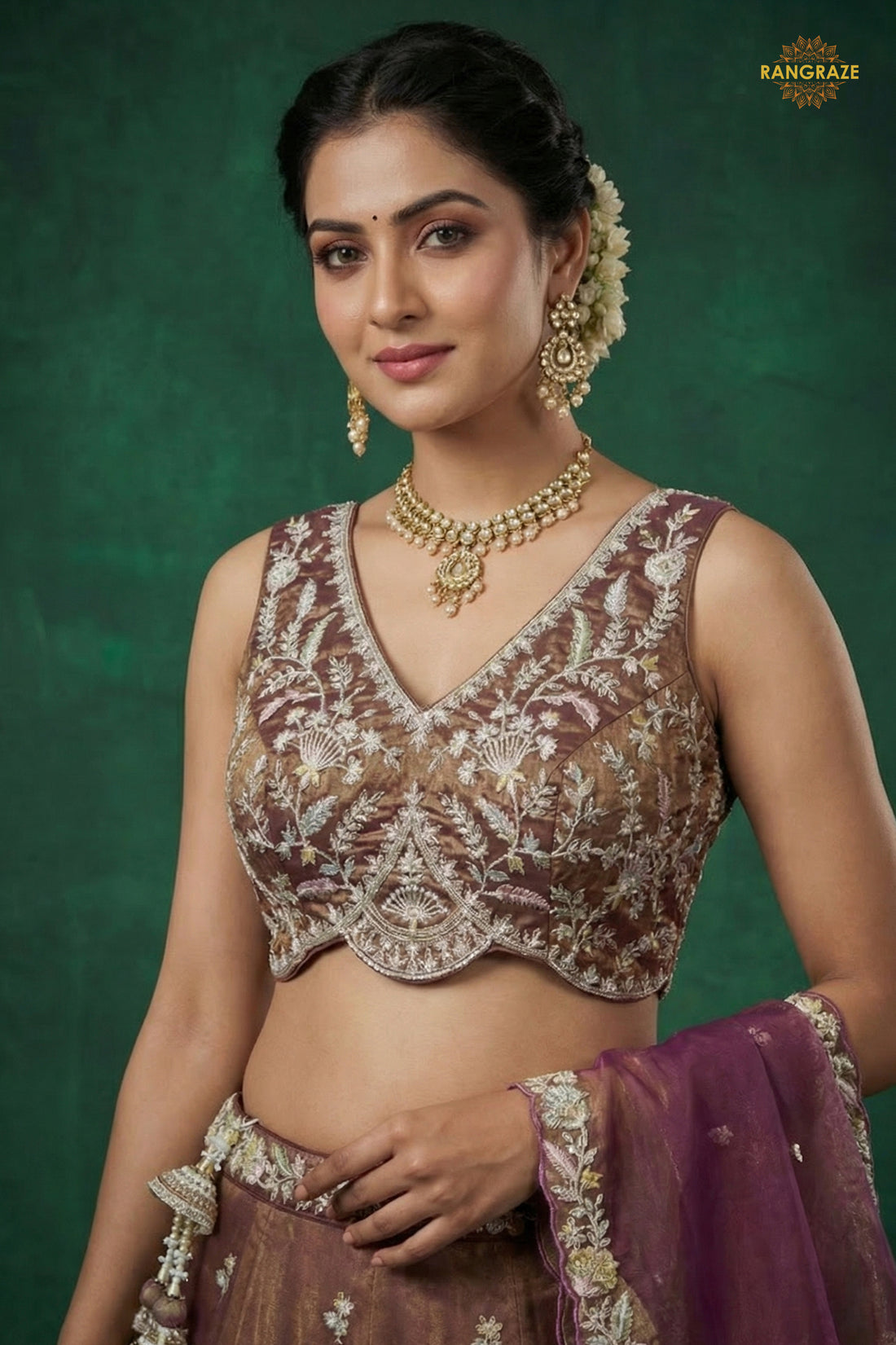 Bronze Purple Embroidered Semi-Stitched Tissue Lehenga Set