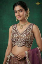 Bronze Purple Embroidered Semi-Stitched Tissue Lehenga Set