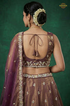 Bronze Purple Embroidered Semi-Stitched Tissue Lehenga Set