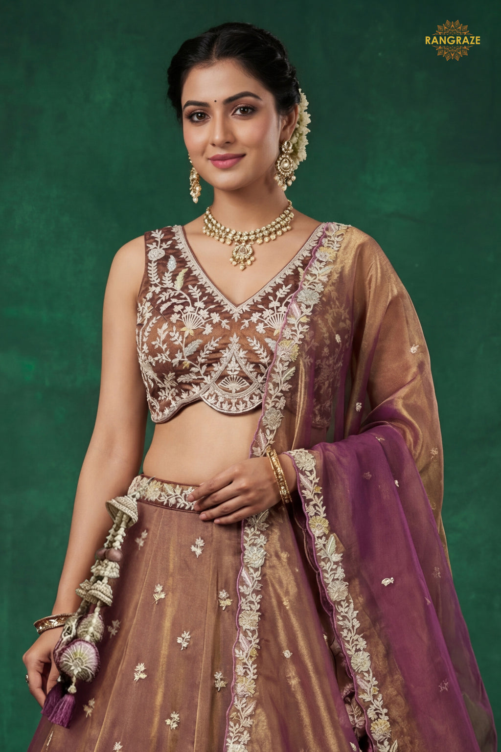Bronze Purple Embroidered Semi-Stitched Tissue Lehenga Set