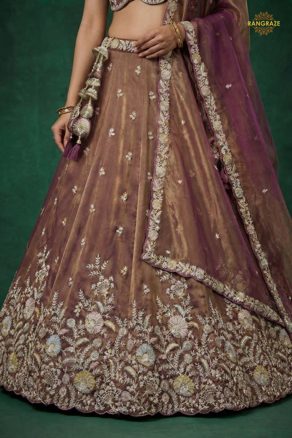 Bronze Purple Embroidered Semi-Stitched Tissue Lehenga Set