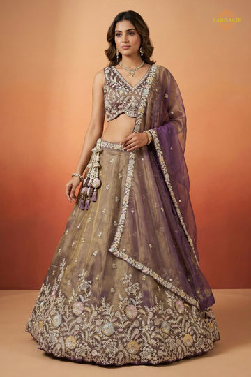 Copper Brown Embroidered Semi-Stitched Tissue Lehenga Set