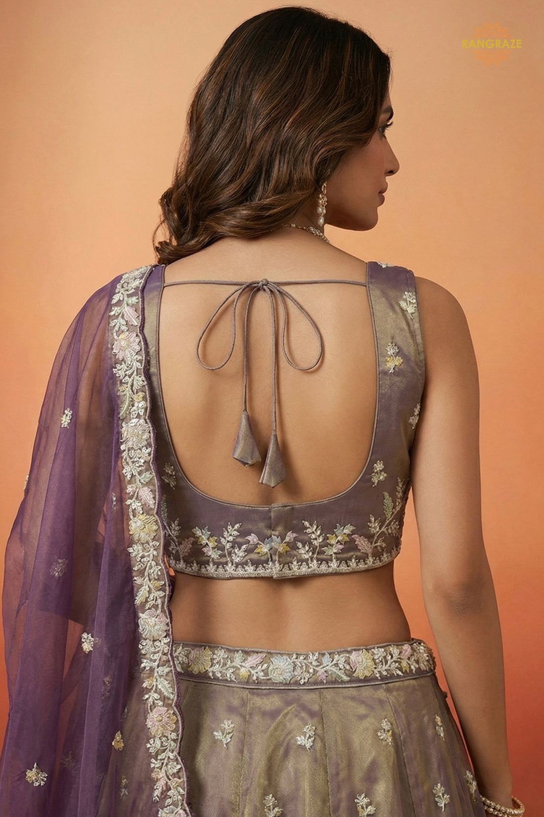 Copper Brown Embroidered Semi-Stitched Tissue Lehenga Set