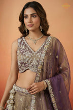 Copper Brown Embroidered Semi-Stitched Tissue Lehenga Set