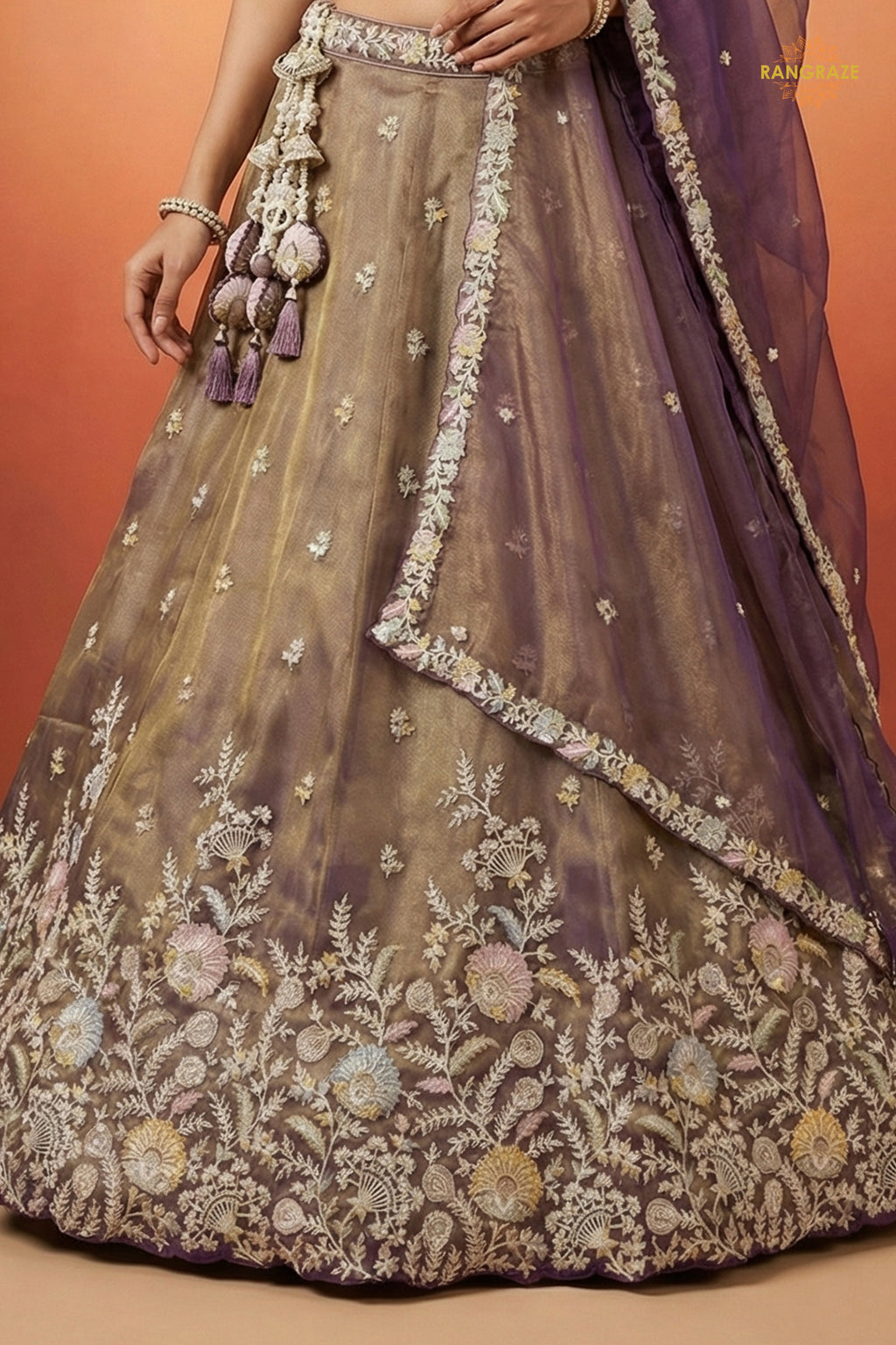 Copper Brown Embroidered Semi-Stitched Tissue Lehenga Set