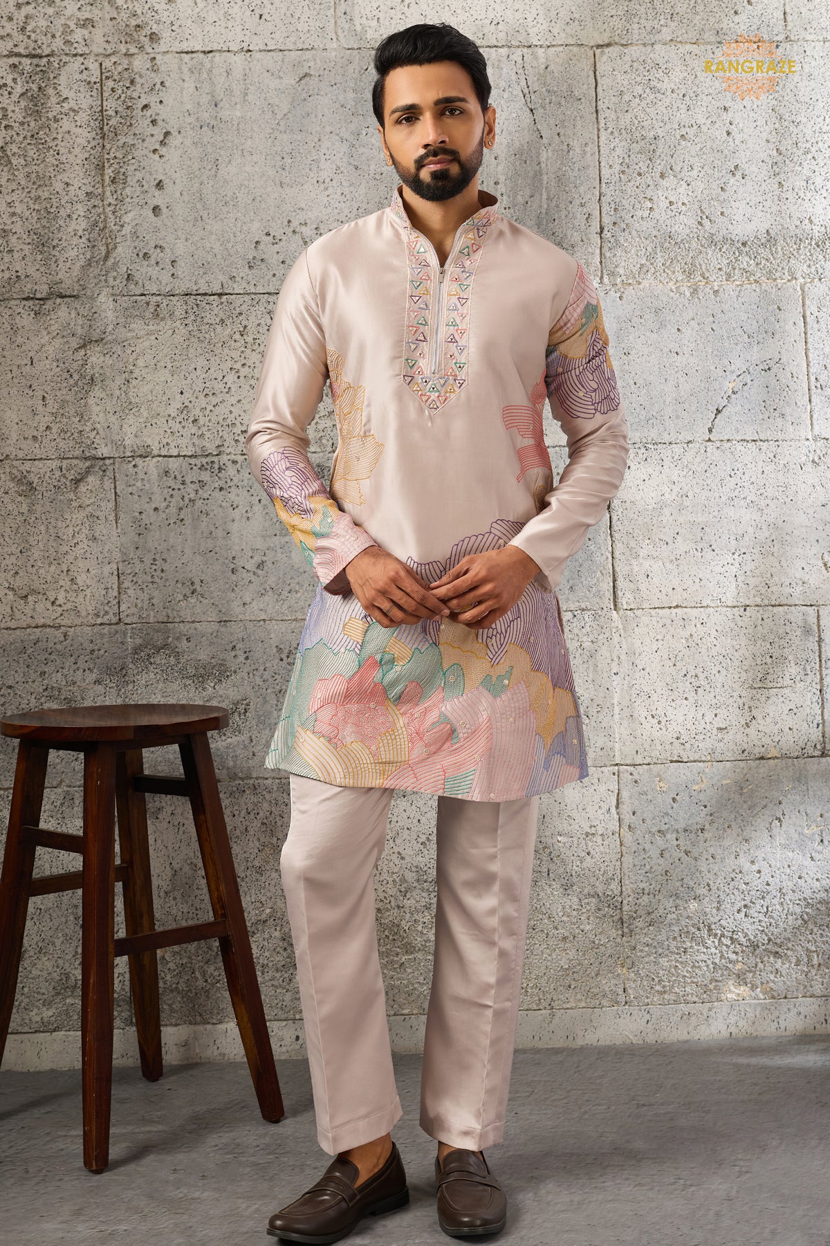 Coral Pink Embroidered Silk Men Kurta Pajama