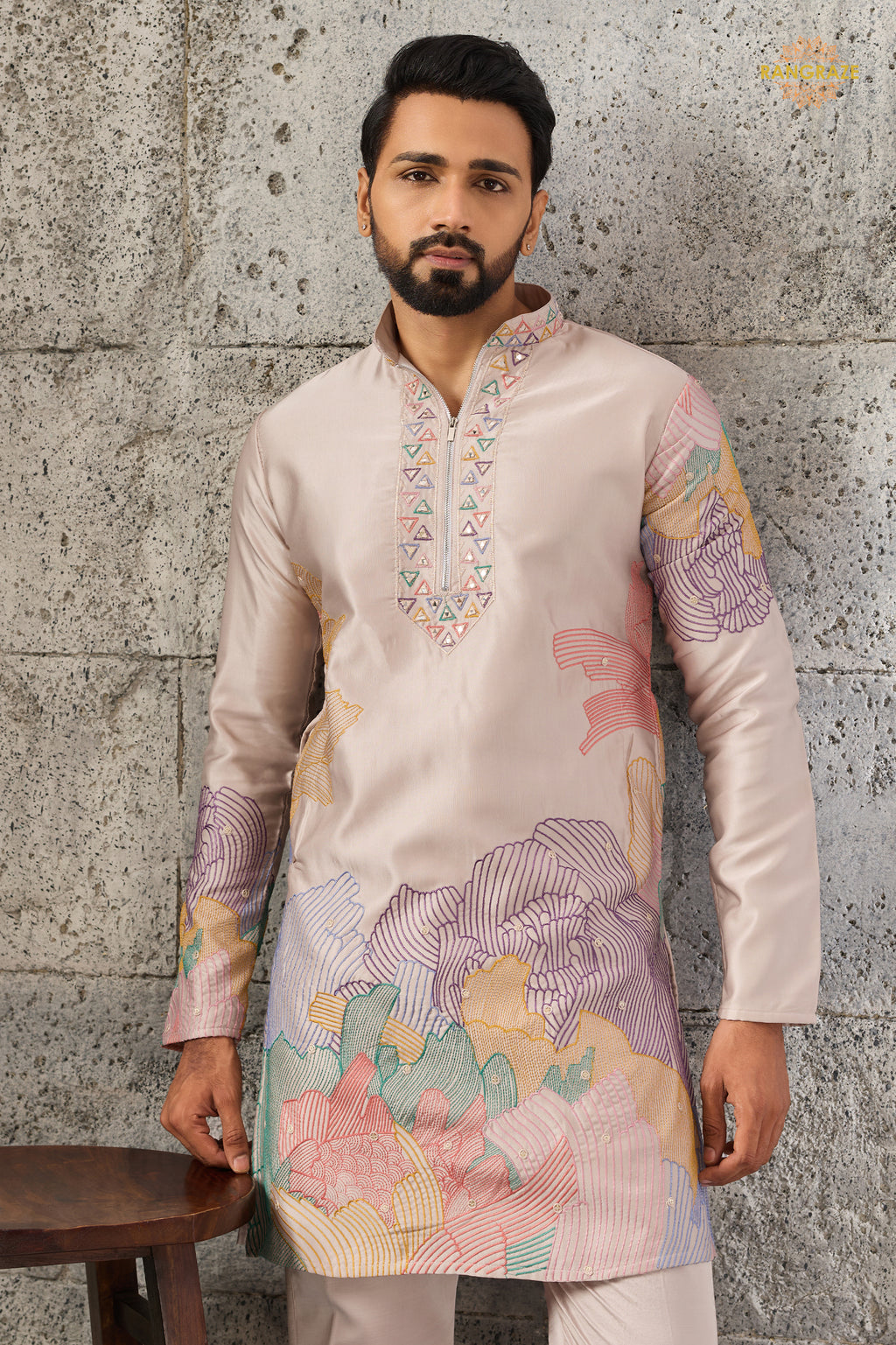 Coral Pink Embroidered Silk Men Kurta Pajama