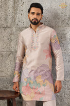 Coral Pink Embroidered Silk Men Kurta Pajama