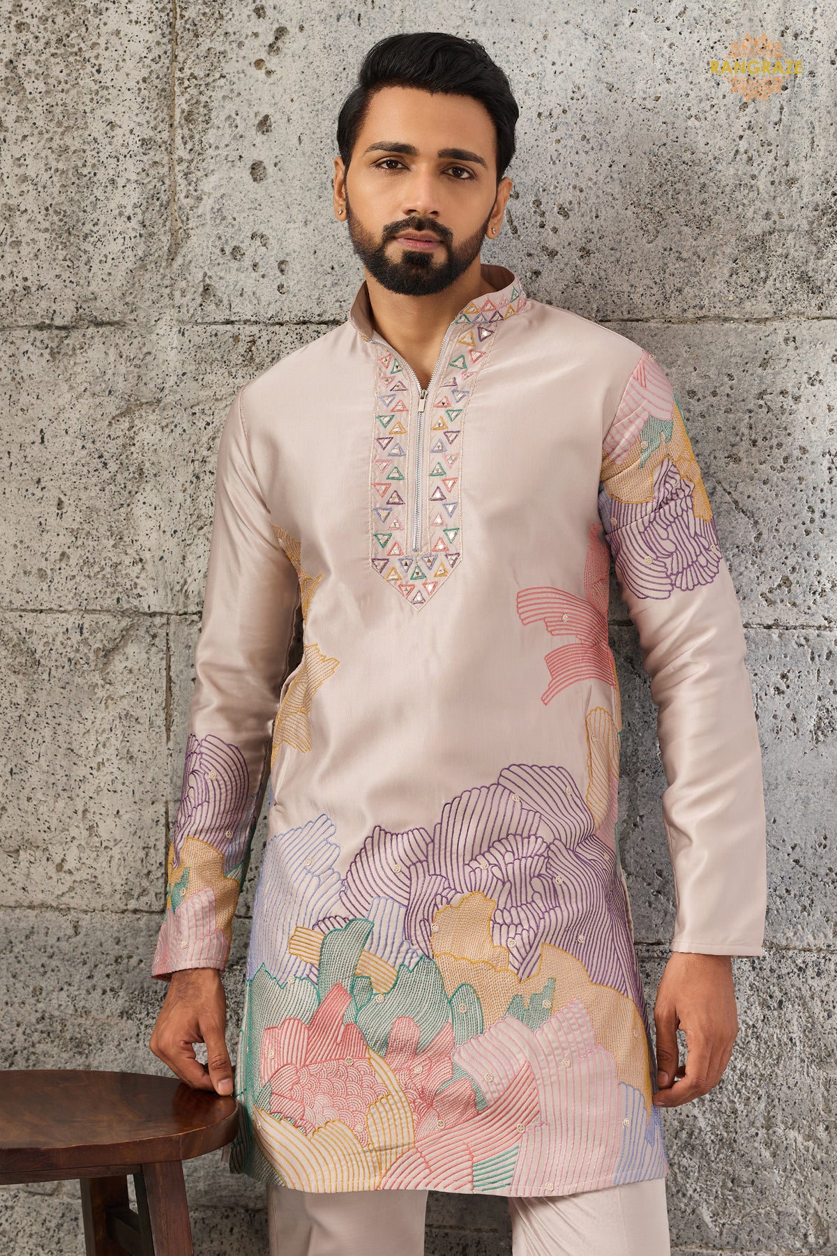 Coral Pink Embroidered Silk Men Kurta Pajama