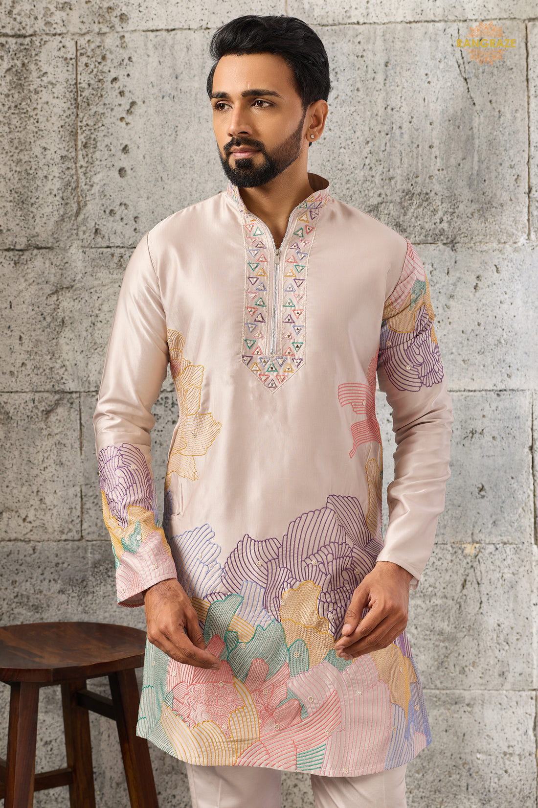Coral Pink Embroidered Silk Men Kurta Pajama