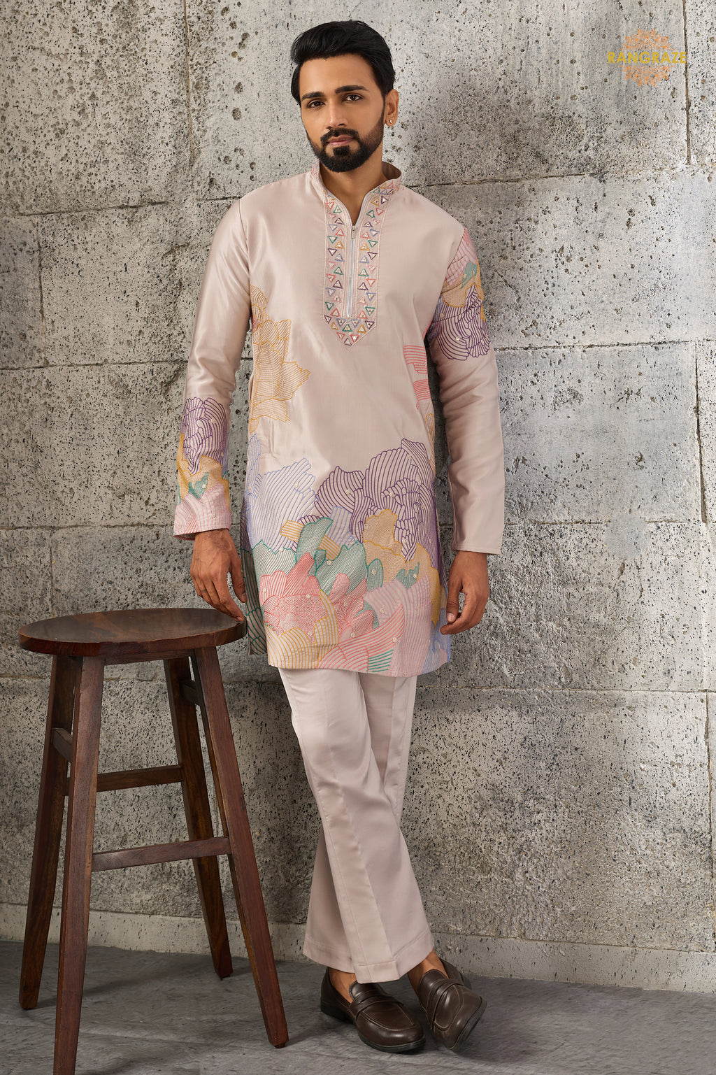 Coral Pink Embroidered Silk Men Kurta Pajama