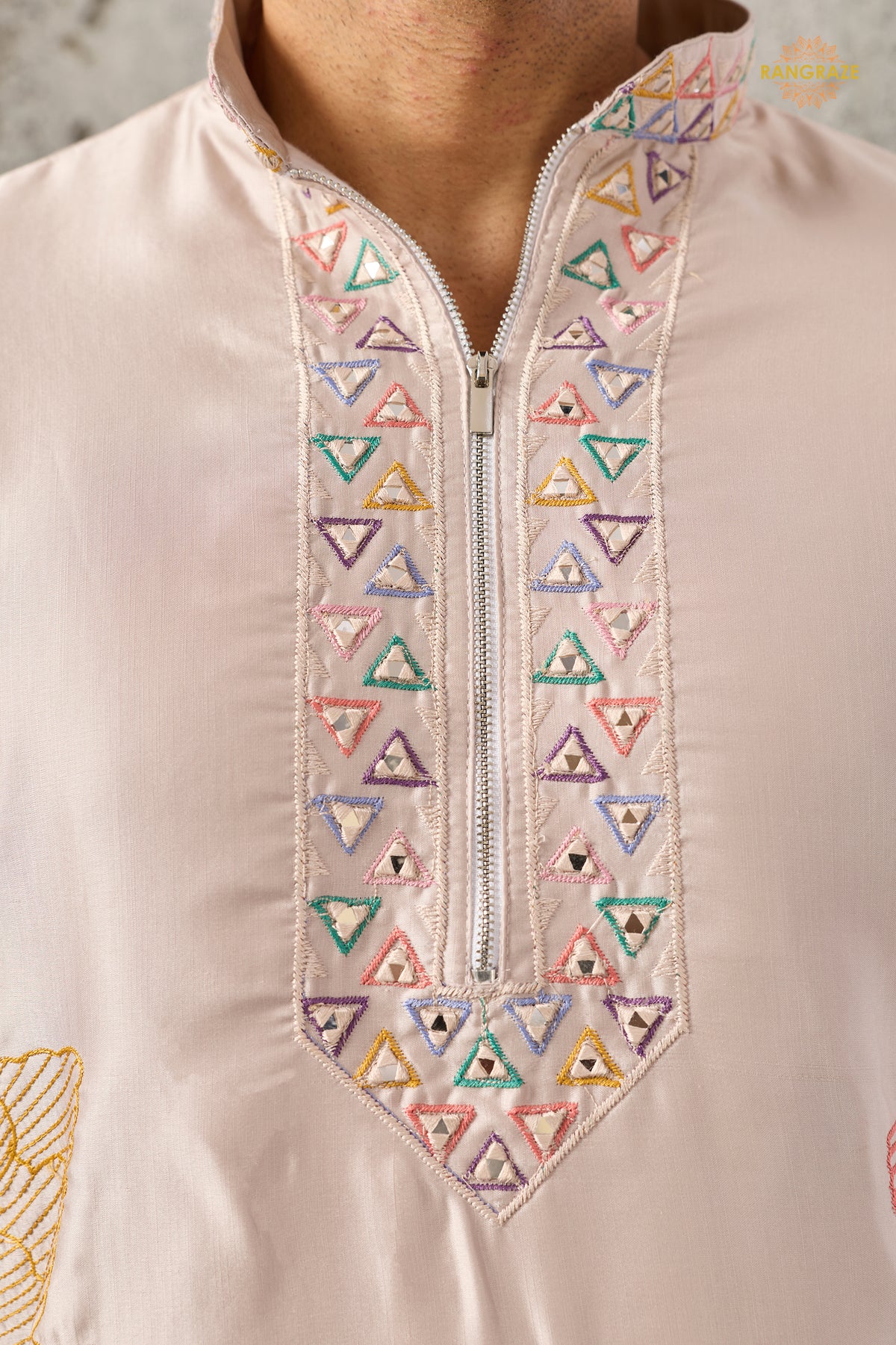 Coral Pink Embroidered Silk Men Kurta Pajama