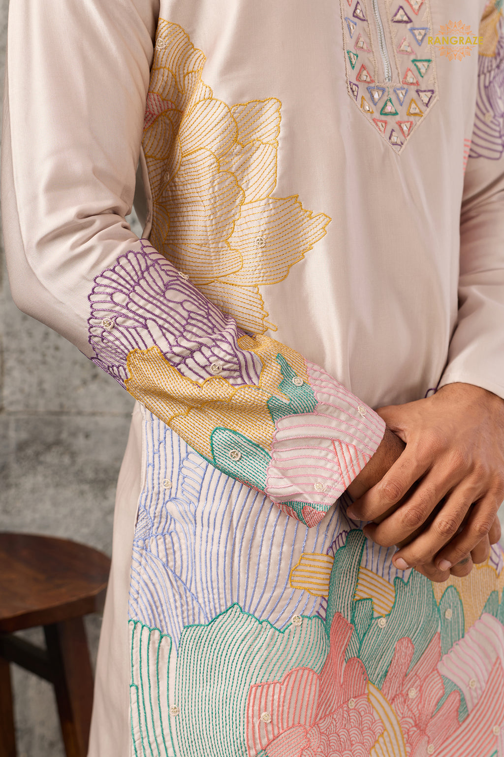 Coral Pink Embroidered Silk Men Kurta Pajama