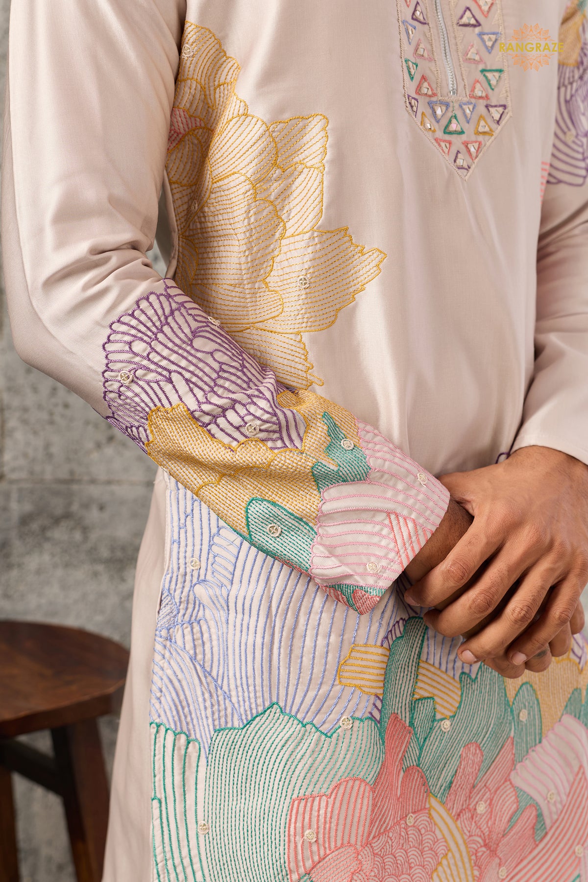 Coral Pink Embroidered Silk Men Kurta Pajama
