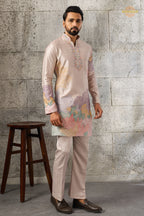 Coral Pink Embroidered Silk Men Kurta Pajama