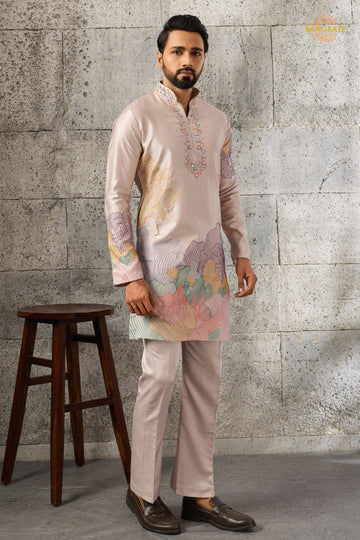 Coral Pink Embroidered Silk Men Kurta Pajama