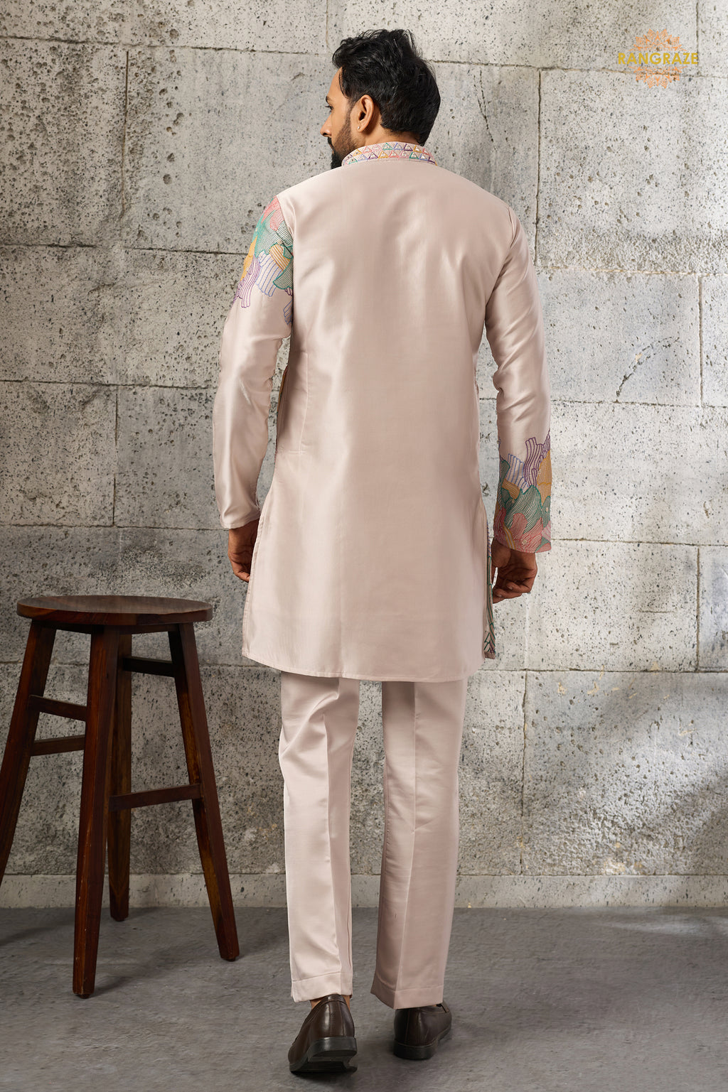 Coral Pink Embroidered Silk Men Kurta Pajama